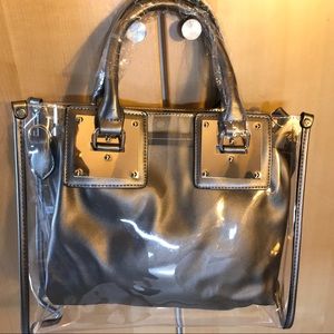 PEWTER AND TRANSPARENT 2-IN-1 SATCHEL TOTE HANDBAG